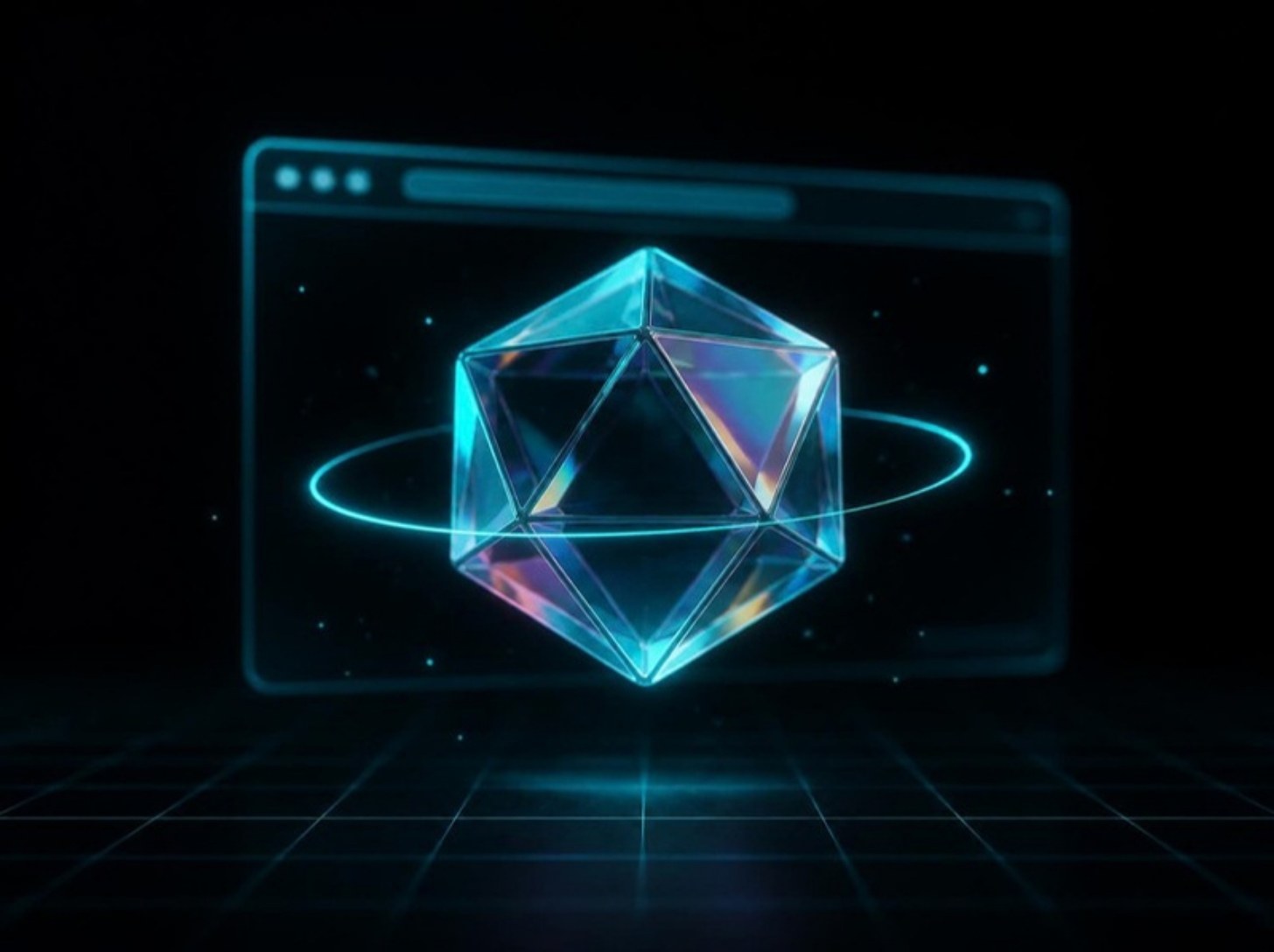 Cristal 3D iridescente flutuando com um anel ciano, diante de uma janela de navegador